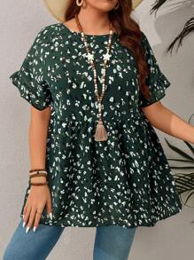 EMERY ROSE Plus Size Casual Resort Style Ruffled Sleeve Allover Print Blouse,Summer,Tropical Vacation Plus Size Christmas