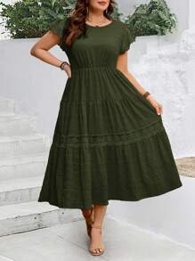 EMERY ROSE Plus Size Summer Casual Vacation Solid Color Lace Splice Cap Sleeve Maxi Dress - Army Green - View 1