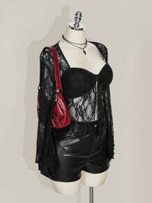SHEIN ICON 大尺碼蕾絲喇叭袖前綁帶方領上衣 - 黑色 - 查看 4