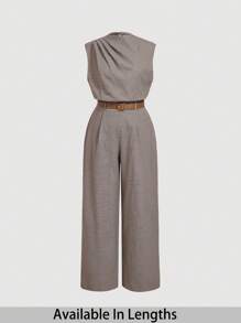 SHEIN PETITE CURVE Plus Size Women's Plaid Jumpsuit With Free Belt, Straight Leg Pants - Brown - View 1