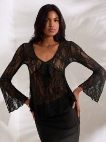 Opulessa 女士纯色针织蕾丝面料上衣，黑色，度假女士，音乐会女士，音乐节，女士夏季，沙滩装，复活节，女士沙滩装，春假，度假女士，音乐会女士，波西米亚风，波西米亚风，音乐节 - 藍白色 - 查看 4