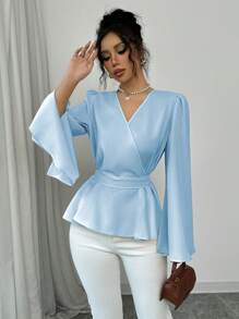 Elenzga Women Solid Color V-Neck Cross Wrap Tie Front Flare Sleeve Split Hem Elegant Blouse, Autumn Peplum Top