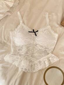 DAZY Ballet-Inspired Sheer Lace Ruffle Hem Cami Top With Built-In Padded Bra For Women - White - View 9