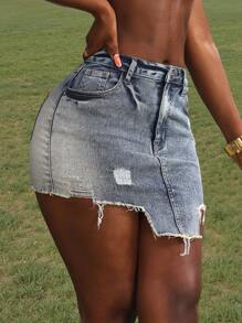 Slaydiva Falda corta asimétrica de mezclilla con bolsillo y detalle deshilachado para mujeres
