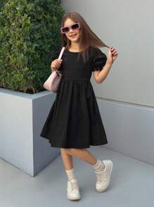Vestido con mangas abullonadas, acampanado, de color negro y rosa con contraste, recorte calado y decoración de lazo para niña preadolescente Nova Glow, de moda y versátil para salidas, hogar, escuela, primavera/verano