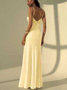 Aloruh 女士 V 领细肩带露背紧身美人鱼连衣裙，适合婚礼季节 - 黃色 - 查看 3