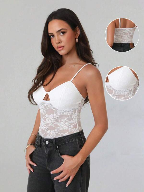 Roylia Lace Hollow-Out Metal Decor Camisole Bodysuit