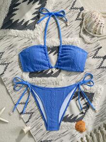 Swim Vcay Conjunto de bikini veraniego compuesto por top crop con nudo y Bottom, decorado con textura de concha