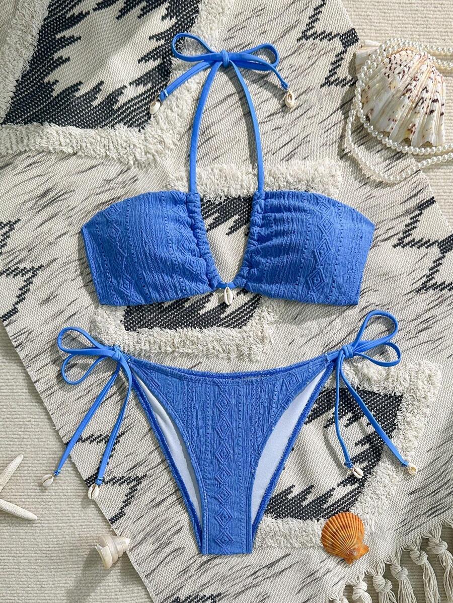 Swim Vcay Conjunto de bikini veraniego compuesto por top crop con nudo y Bottom, decorado con textura de concha