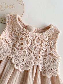 Loomiva Newborn Baby Girl Solid Color Ruffle Trim Round Neck Sleeveless Cinched Waist Dress