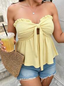 SHEIN VCAY Plus Size Women's Yellow Front Tie Bow Crop Top, Romantic Bohemian Beach Island Strapless Top Butter Yellow Crop Holiday Tube Cute Tops Cute Summer Tops Summer Boho Brunch Airport Beach Vacation City Holiday Old Money - Yellow - View 1