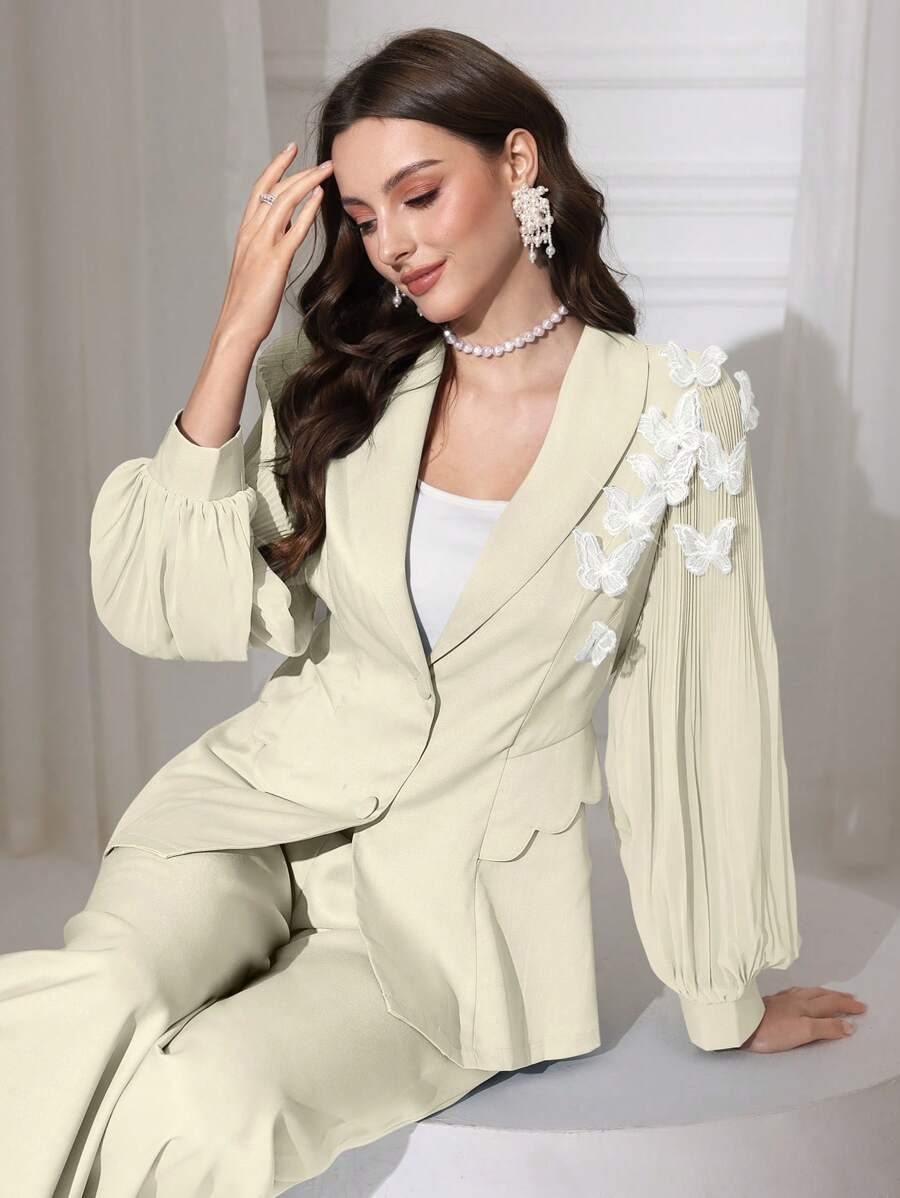 Modelyn 2 Pieces Set Women Spring/Summer Chiffon Pleated Bowknot Blazer Jacket & Long Pants - Apricot - View 1