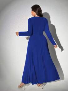 Viva Relle 大码女式 V 领长袖褶皱连衣裙长款女式服装 - 寶藍色 - 查看 2