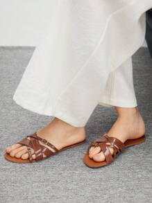 CUCCOO BIZCHIC Sandalias planas minimalistas casuales para mujer, para el verano - Marrón - Ver 3