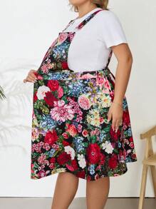 SHEIN CURVE+ Plus Size Retro Floral Suspender Dress (Shoulder Straps Adjustable) With Elegant Floral Pattern, Inner T-Shirt Not Included - Multicolor - View 9