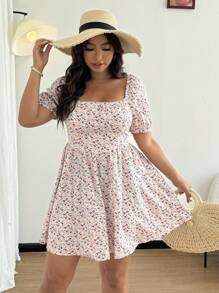 Flirla 大码女式方领泡泡袖印花迷你连衣裙 - 杏色 - 查看 7