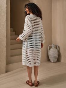 SHEIN Tall Drop Shoulder Open Knit Duster Cardigan - Beige - View 2