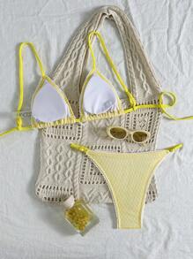 SHEIN Swim Women's Hollow Texture Fabric Yellow Bikini Set, Summer Beach Vacation - Yellow - View 2