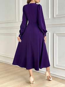 Modelyn Robe mi-longue plissée à manches lanternes et col rond, couleur unie. Robe de soirée longue pour femmes