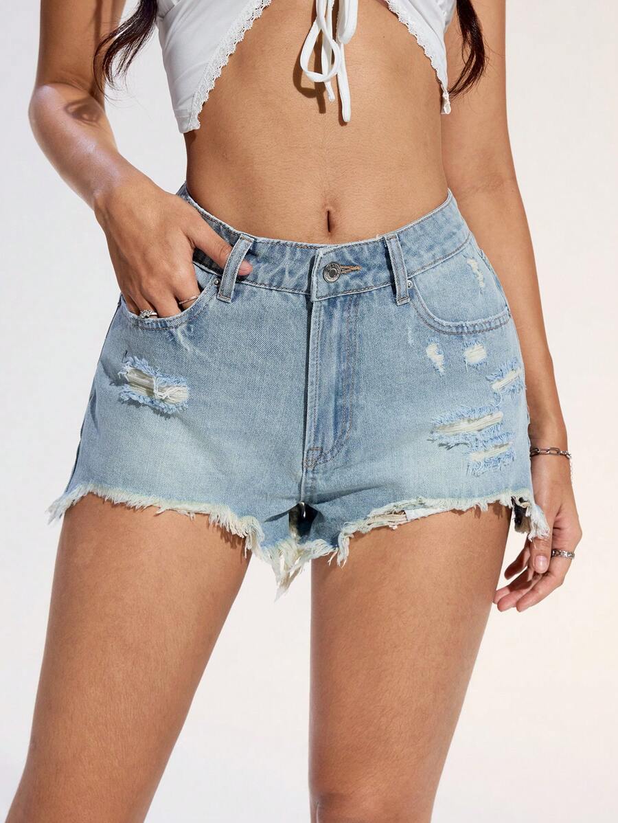 SHEIN EZwear Women's Casual Distressed Frayed Hem Denim Shorts - Blue - View 1