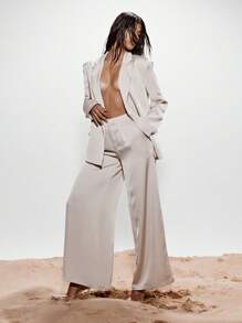 KIZN Luxurious Wide Leg Satin Palazzo Professional Business Office Formal Wear Work Suit Pants Trousers Wedding Special Occasion Elegant Evening Wear - Apricot - View 4