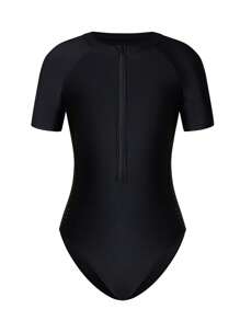 Swim SPRTY Women's New Short Sleeve Black Splicing One-Piece Surf Suit With Sun Protection For Summer Beach Vacation