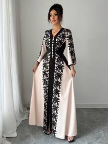 Rafferiza Vestido floral de manga media con cuello de corbata y bloque de color, estilo casual para mujer - Albaricoque - Ver 1