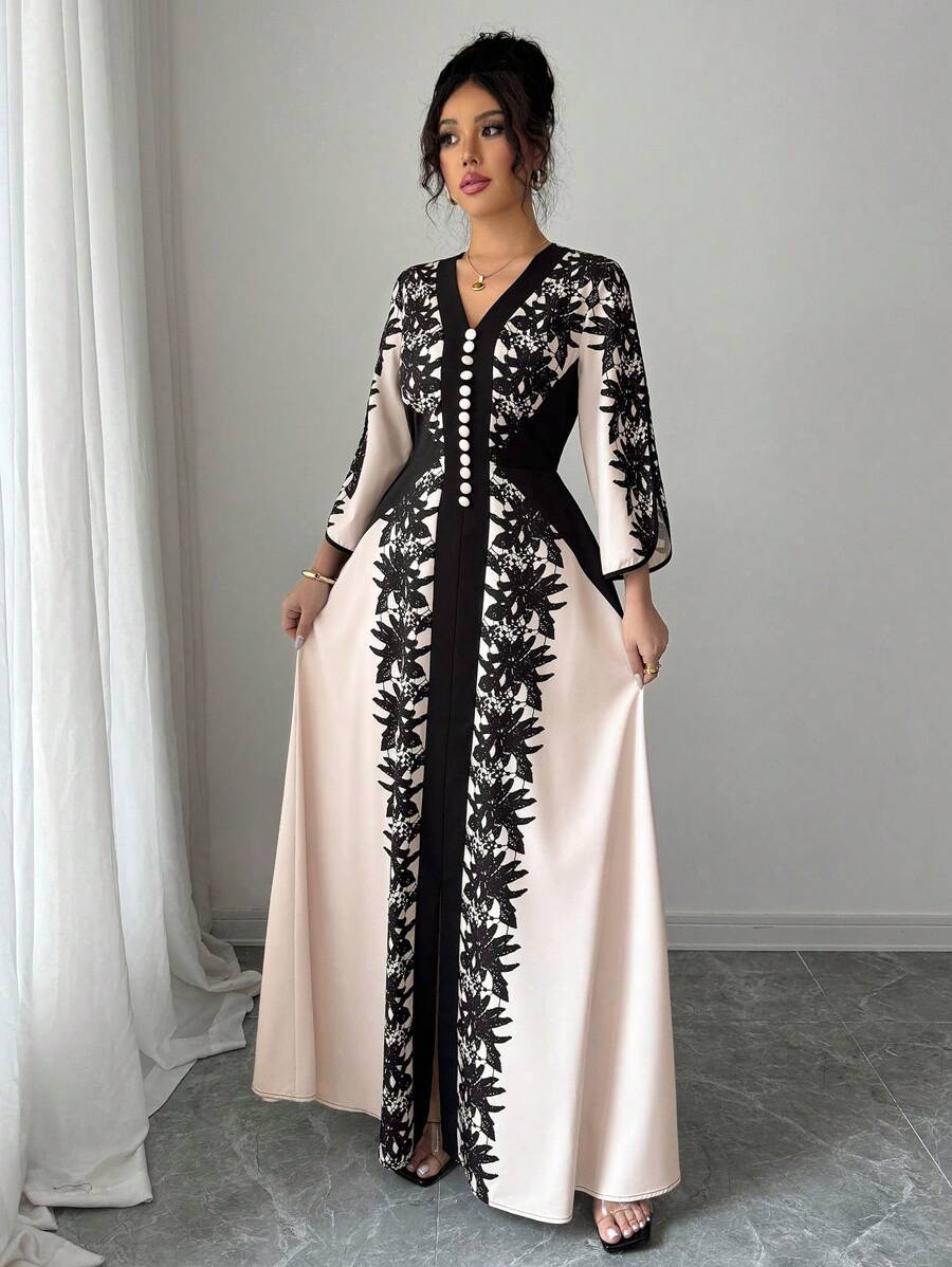 Rafferiza Vestido floral de manga media con cuello de corbata y bloque de color, estilo casual para mujer - Albaricoque - Ver 1