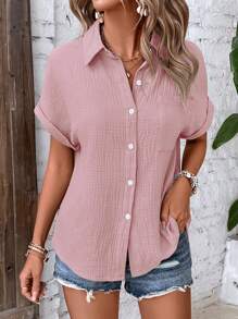 EMERY ROSE Chemise ample à manches chauve-souris et couleur unie texturée, idéale pour les vacances - Rose bonbon - Voir 3