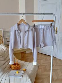 Lunelith SHEIN Lunessa Gestreiftes Hemd mit Knopfverschluss und Shorts