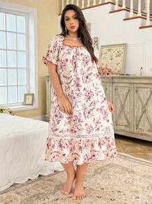 CottageSlumber Plus Size Floral Print Ruffled Collar Short Sleeve Lace Patchwork Ruffle Hem Nightgown Babydoll PerfectSummer - Multicolor - View 4