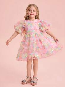 Young Girl Charming Elegant Floral Print Mesh Short Sleeve Dress, Summer - Multicolor - View 6