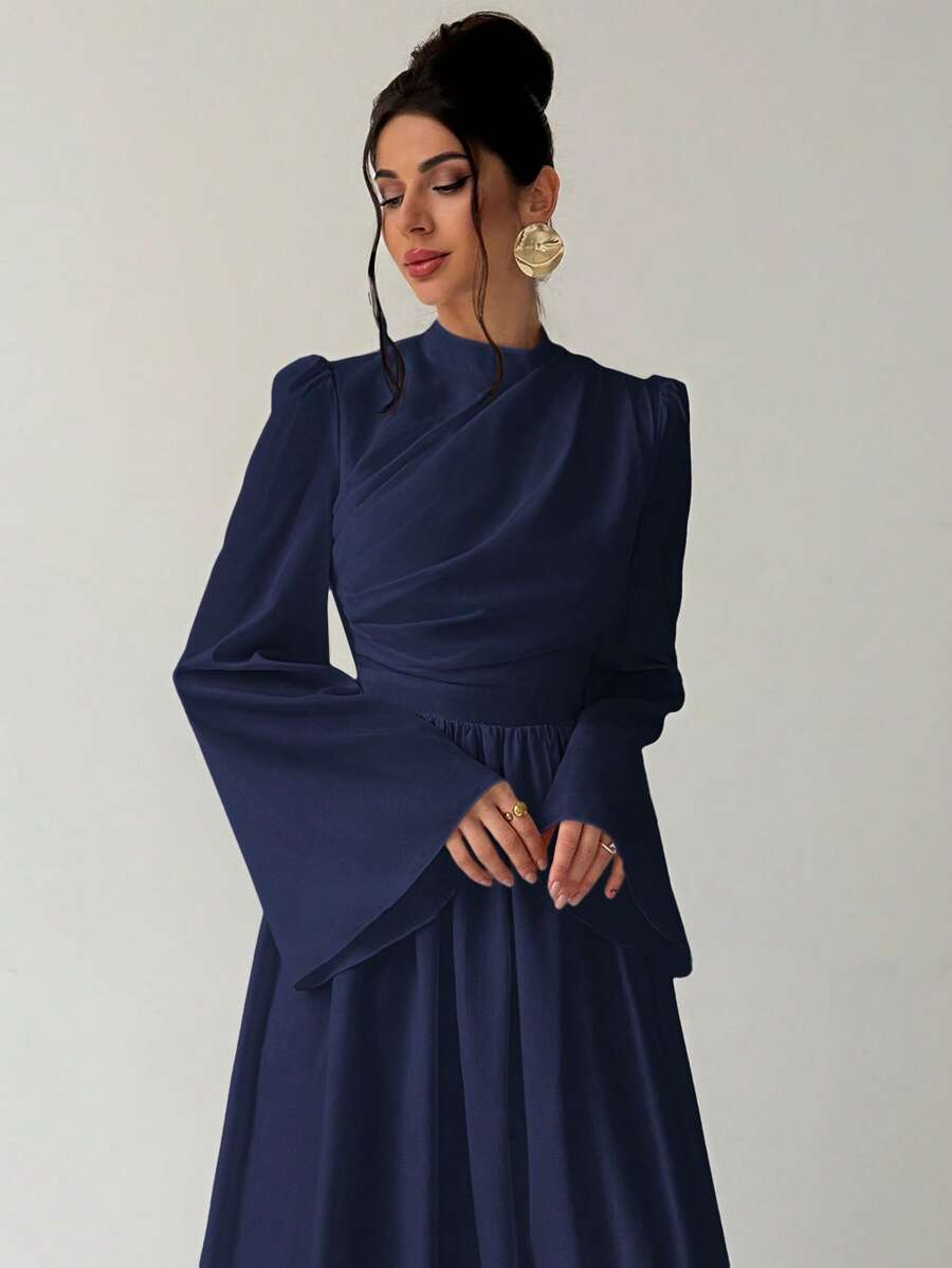 Firerie 女士优雅简约浪漫迷人通勤聚会约会俱乐部褶皱喇叭袖收腰白色 A 字裙，秋冬 - 藏蓝色 - 查看 1