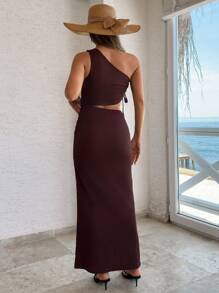EURMUSE Women Cut-Out Detailed Brown Textured Long Sleeveless Drawstring Dress - Mocha Brown - View 2