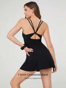 GLOWMODE FeatherFit™-Air Peekaboo Knotted Y Back V Neck Peekaboo Dress With Built-In Shorts Low Impact Yoga Daily Removable Cups Spring Summer