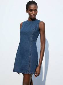 Maija Vestido corto de mezclilla casual para mujer, estilo ajustado sin mangas tipo ajustado, adecuado para uso casual de negocios y oficina
