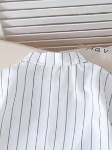 Young Boys 2 Pieces Preppy Outfit - Striped Polo Shirt And Solid Color Casual Shorts, Fashionable And Simple Style For Summer Young Boy Outfit Young Boys Clothing Shirts - Grey - View 5