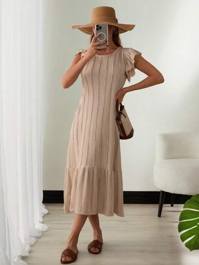 EURMUSE Women's Solid Color Round Neck Cap Sleeve Ruffle Hem Dress Women S Long Dresses Classy Dresses For Women Dresses For Women Elegant Women Midi Dresses Casual Dresses For Woman