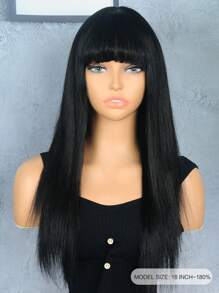 180% Density Straight Human Hair Wig With Bangs 18 Inch Natural Black Remy Scalp Top Full Machine Made Wigs For Women Daily Use - Natural Black - View 4