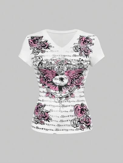 J-Fashion تي شيرت مريح ذو شكل قلب جناح عتيق مستوحى من طراز Y2K