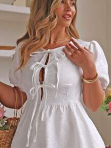 SHEIN LUNE Plus Size Women Elegant Versatile Hollow Out Neck Jacquard Fabric A-Line Dress With Puff Sleeves, Suitable For Everyday & Holiday Wear - White - View 5