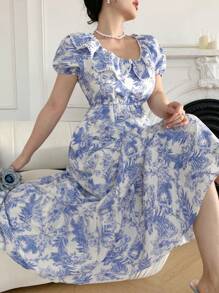 DAZY Women's Floral Print Ruffle Hem Long Sleeve Dress, Blue - Baby Blue - View 4