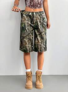 SHEIN PETITE Women's Denim Shorts Low Rise Bermuda Shorts Branch Camouflage Beach Pants Y2K Concert Women Denim Shorts - Multicolor - View 4