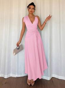 SHEIN Unity Women Elegant Asymmetric Knot Pleated Asymmetrical Hem Cami Dress - Pink - View 8