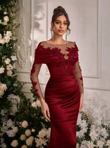 Glamrae Elegante y lujoso vestido de satén elástico de manga larga con aplicaciones de encaje bordado, diseño de cola de sirena, adecuado para bodas, fiestas, vacaciones, bailes de graduación y ocasiones formales (diseño de lujo), vestido de invitada de boda, vestido de noche, vestido de gala