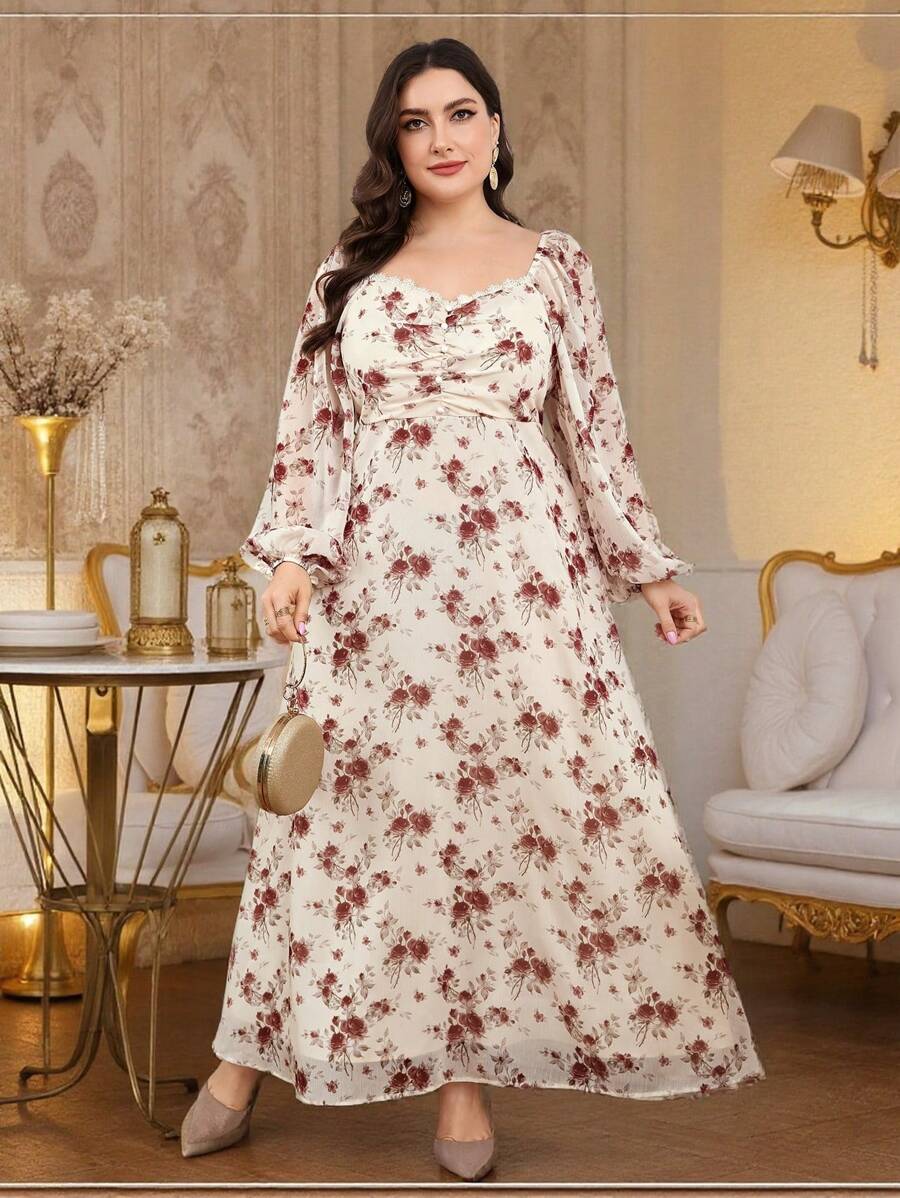 Modelyn 大码女式节日花卉印花甜心领灯笼袖连衣裙