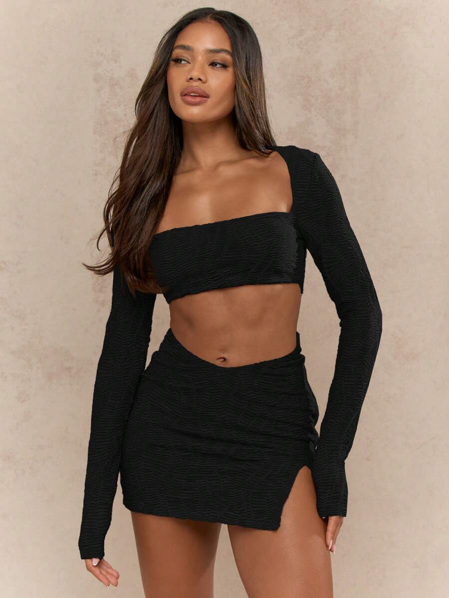MISSGUIDED Textured Stretchy Cut Out Long Sleeve Mini Party Dress With High Square Neckline And Ruched Details Perfect For Club Night Date Night Spring Summer Fashion - Black - View 1