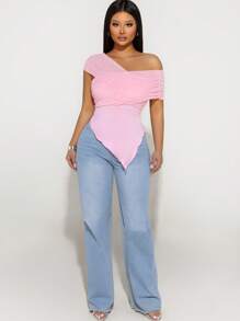 Sirith Tricou de damă, culoare solidă, cu plasă de contrast, cu volan asimetric, cu gât, vară - Roz - Vizualizare 5