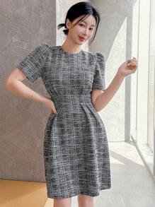 DAZY Women's Elegant Plaid Round Neck Short Sleeve Mini Dress, Summer Elegant - Black - View 5