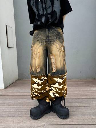 Street Life Men's Patchwork Denim Casual Pants, Simple And Fashionable For Everyday Wear